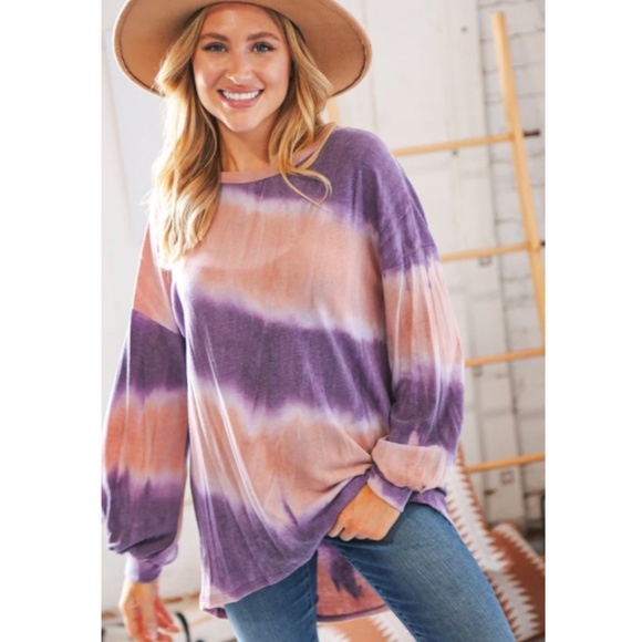 kelzposh Tops - "The Paula" Mauve & Purple Tie Dye Puff Sleeve Top